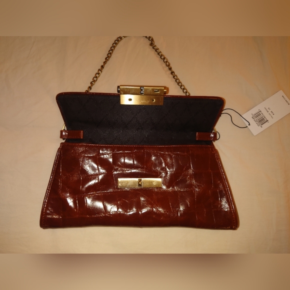 NWT Brown Leather BCBG MaxAzria Crocodile Chantal Clutch Purse Wristlet Gold - Picture 7 of 14